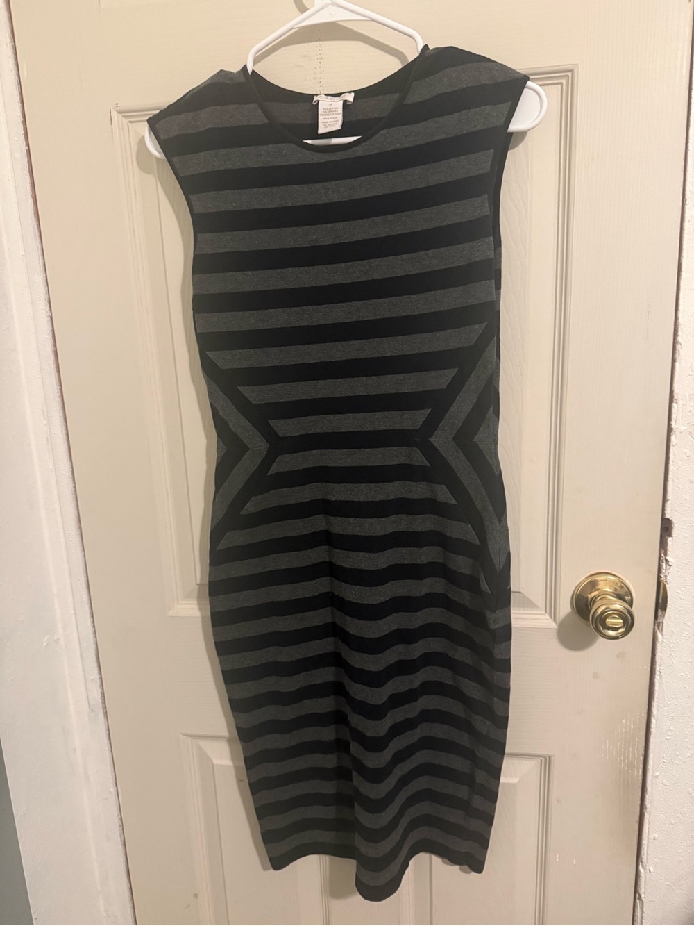 Cache Black & Gray Striped Midi Bodycon Dress